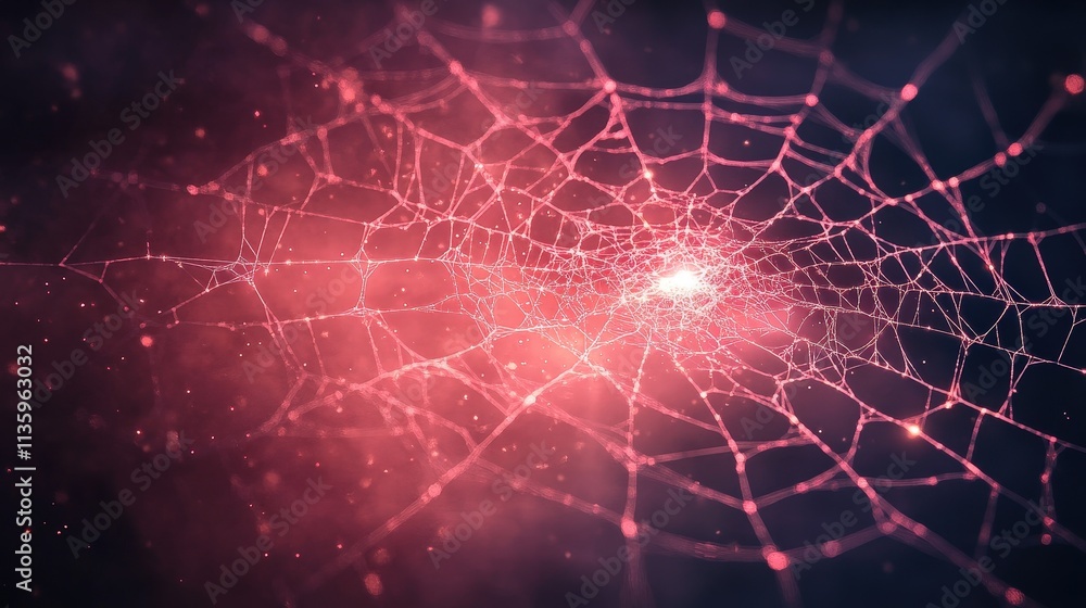 Aufkleber a close-up of a spider web illuminated by pink light, creating a delicate and intricate pattern agai