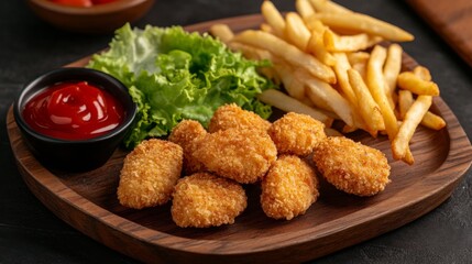 Crispy Fried Food with Fries and Sauce on Wooden Plate. Perfect for a quick lunch or dinner. Delicious and satisfying meal