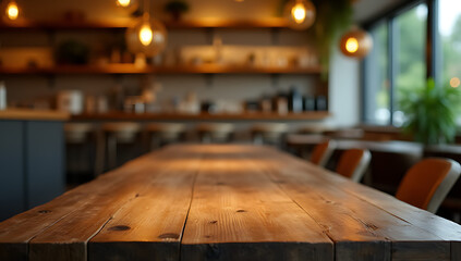 A rustic wooden tabletop complements a light gold tone in a cozy caf&eacute; or restaurant setting effectively._00034_