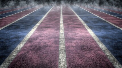 Fototapeta premium Race Track Perspective: An atmospheric, low-angle perspective captures a race track's lines and lanes receding into the distance with a smoky effect.