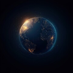 Obraz premium A glowing Earth illuminated by city lights, showcasing a beautiful view of our planet from space against a dark background.