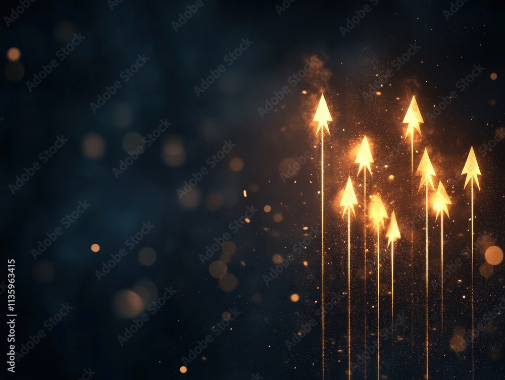 Poster a dark background features glowing arrows shooting upward, surrounded by shimmering particles, creat