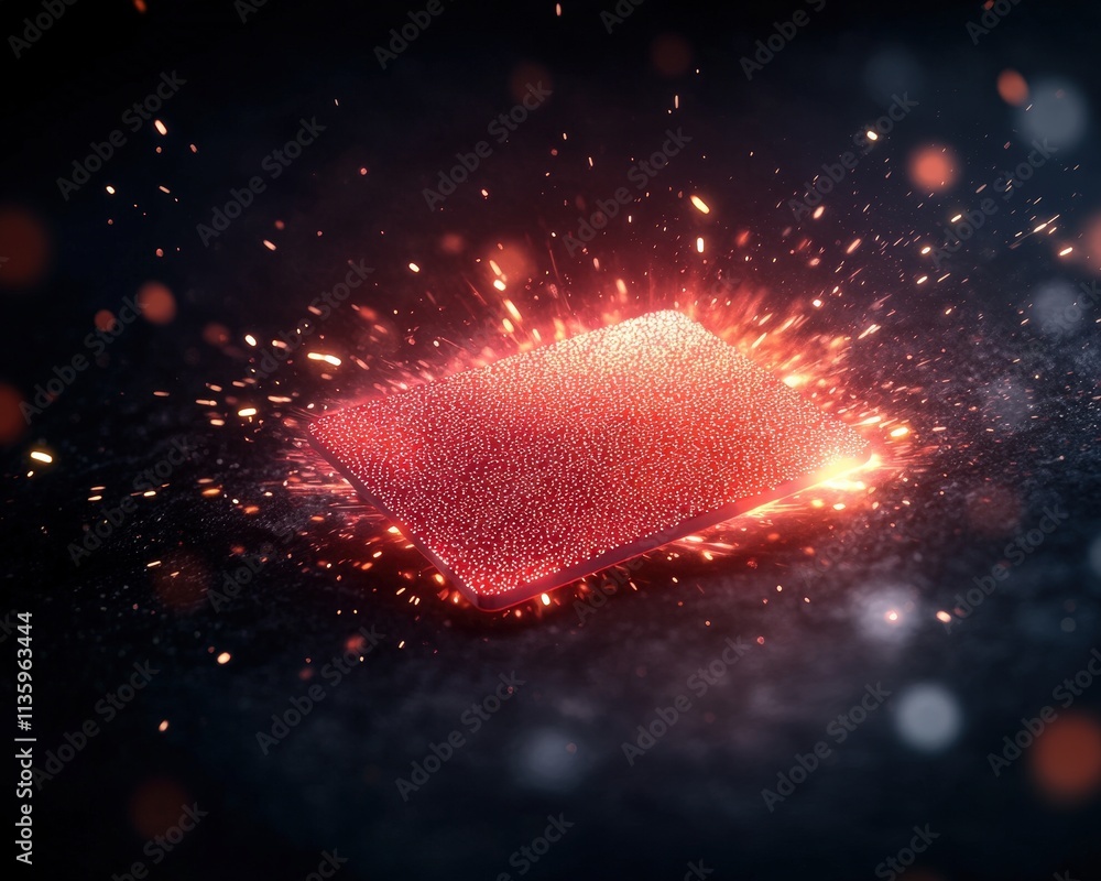 Poster a glowing, textured rectangle bursts with sparks in a dark setting, creating a dynamic and visually 