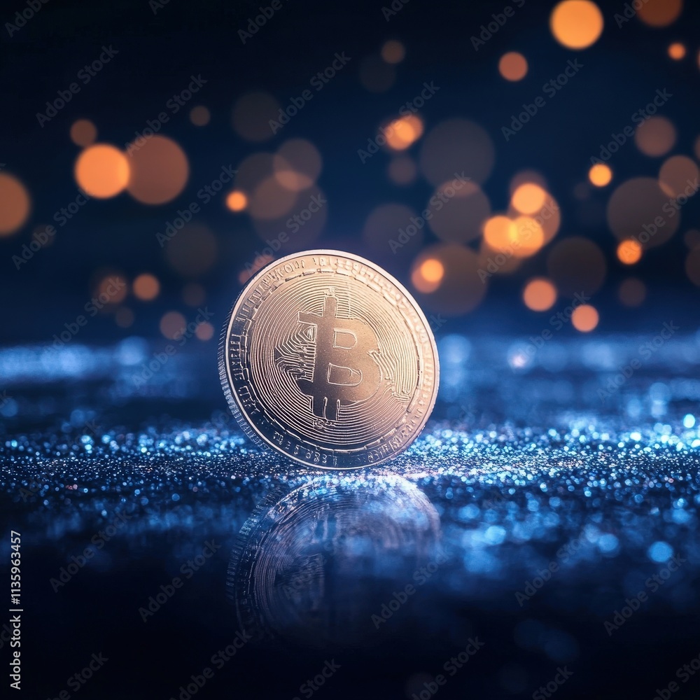 Aufkleber a shining coin stands upright on a glittering surface, surrounded by a blur of bokeh lights, creatin