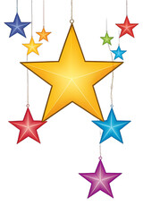 A golden star with animated. colorful stars creating a lively. vibrant image on a white background.