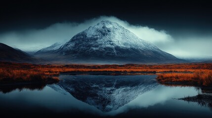 Majestic mountain peak reflected in a calm lake, a tranquil scene of autumnal colors and winter snow.