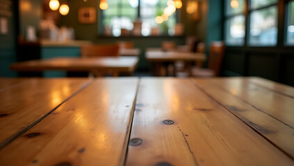 A rustic wooden tabletop complements a light gold tone in a cozy café or restaurant setting effectively._00013_