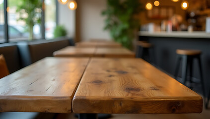 A rustic wooden tabletop complements a light gold tone in a cozy caf&eacute; or restaurant setting effectively._00011_