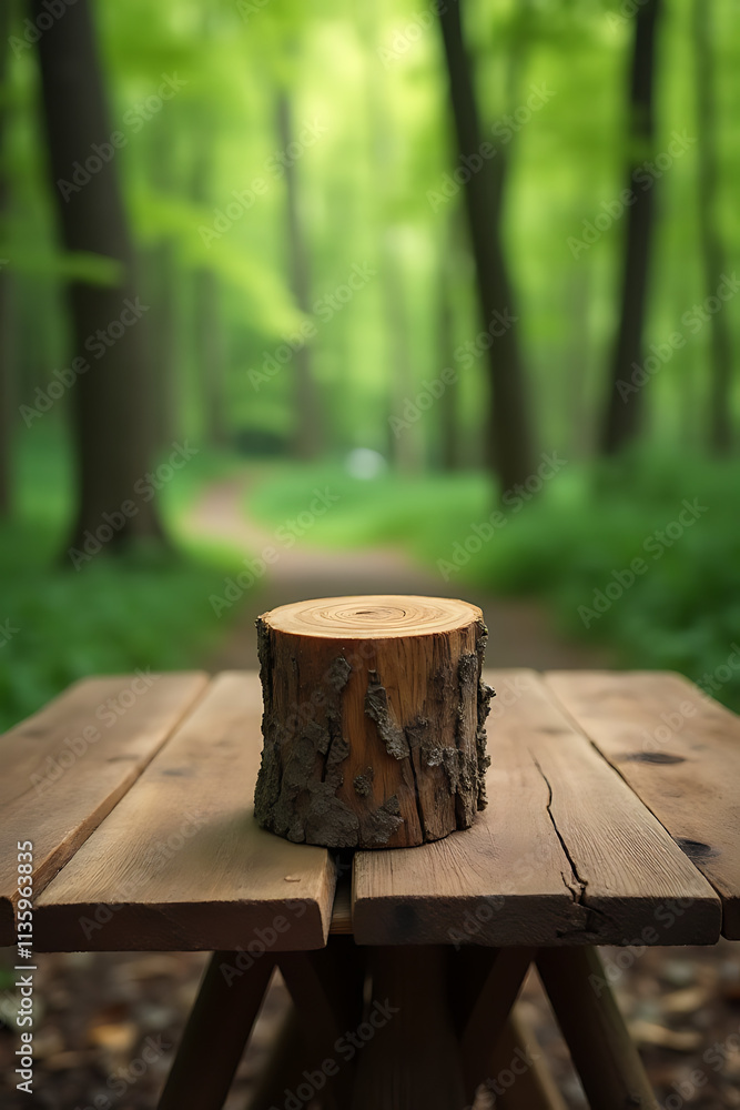 Poster a rustic wooden table with a unique old tree stump top features a blurred green forest scene in the 