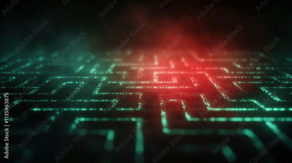 Aufkleber a digital maze design featuring glowing green and red patterns, set against a dark background, creat