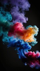 Fototapeta premium Vibrant, swirling smoke in shades of blue, pink, orange, and purple against a black background, creating a dynamic and abstract visual effect.