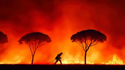 Firefighter Silhouette Fighting Wildfire  Burning Forest  Environmental Disaster