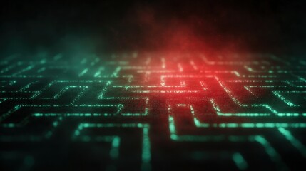 Obraz premium A digital maze design featuring glowing green and red patterns, set against a dark background, creating a mysterious and futuristic atmosphere.