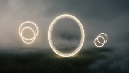 Illuminated circles glowing in misty field, creating a mystical atmosphere, surrounded by soft grass and dense fog. Perfect for fantasy themes.