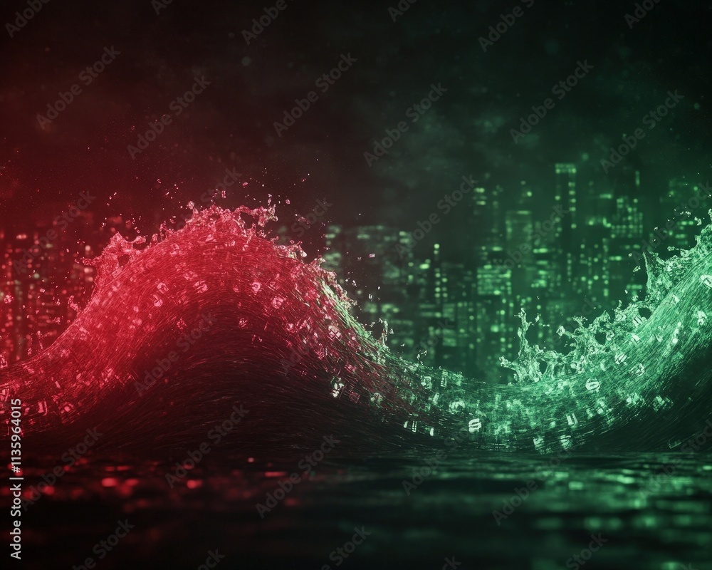 Poster a vibrant digital wave of red and green water splashes against a dark background, creating a dynamic