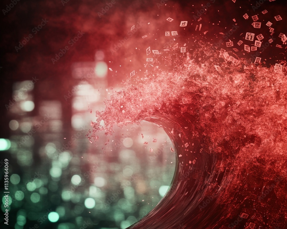 Poster a vibrant wave made of digital elements, cascading with shades of red and green, creating a striking