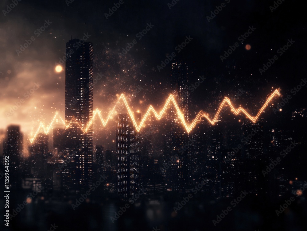 Poster a dynamic city skyline illuminated by a glowing line graph, symbolizing growth and progress amidst a