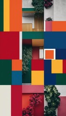 Colorful geometric design featuring bold shapes and vibrant hues like red, green, yellow, and blue, complemented by greenery and floral accents.