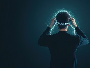 A silhouette of a person wearing a glowing chain around their head, symbolizing mental constraints and the struggle for freedom.