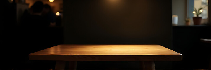 A plain wooden table sits alone in a dimly lit café, its emptiness accentuated by the surrounding darkness and shadows._00013_
