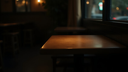 A plain wooden table sits alone in a dimly lit café, its emptiness accentuated by the surrounding darkness and shadows._00004_