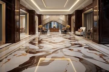 Interior design of a minimalist and spacious luxurious floor featuring premium patterns, modern tiles, and an open hall with minimal furniture, showcasing an elegant and contemporary aesthetic