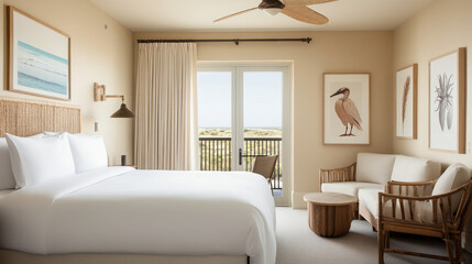 A serene hotel room featuring comfortable bed, natural decor, and view of outdoors. space is designed for relaxation with soft colors and stylish furnishings