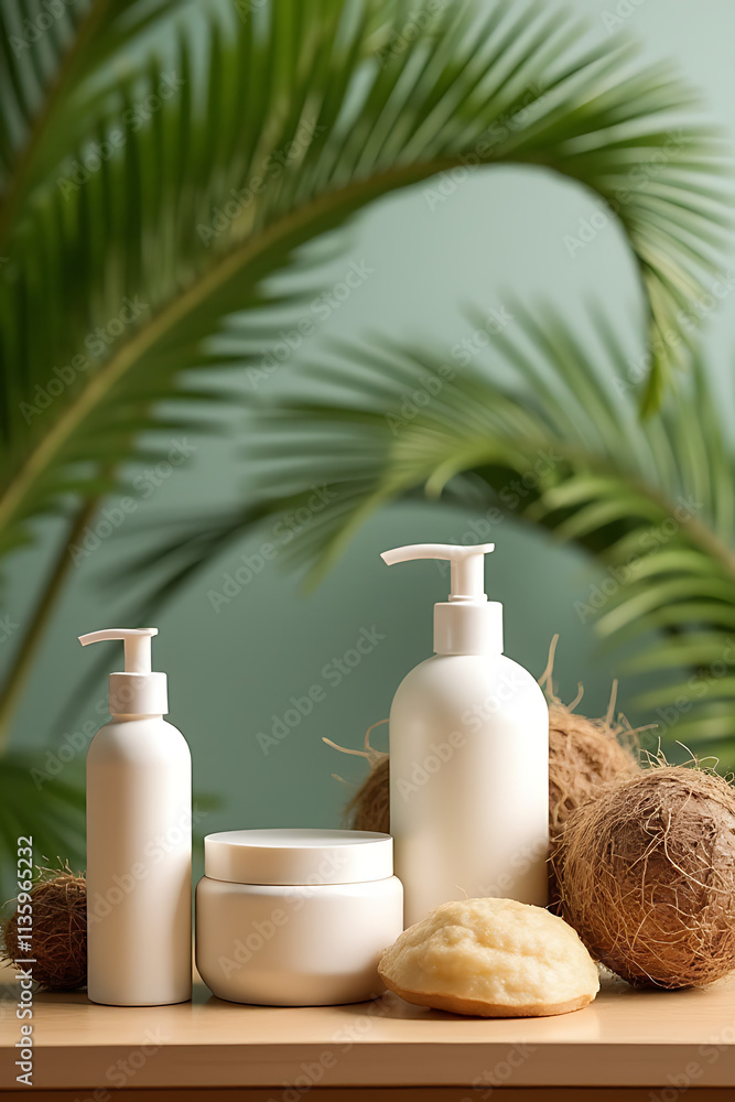 Poster a natural summer product display features a wooden counter with a blurred coconut leaf backdrop and 