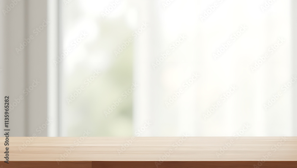 Poster a minimalist wooden tabletop sits empty against a white bokeh backdrop ideal for product displays an