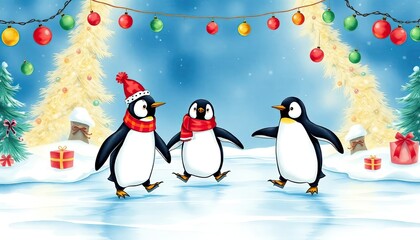 Penguins Ice Skating on a Frozen Lake Surrounded by Christmas Decorations Watercolor Illustration. Free Christmas Background. Chrismas Wallpaper. Cool Wallpaper 4k
