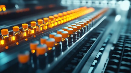 Obraz premium High-Tech Pharmaceutical Production Line: Automated Bottle Filling Process