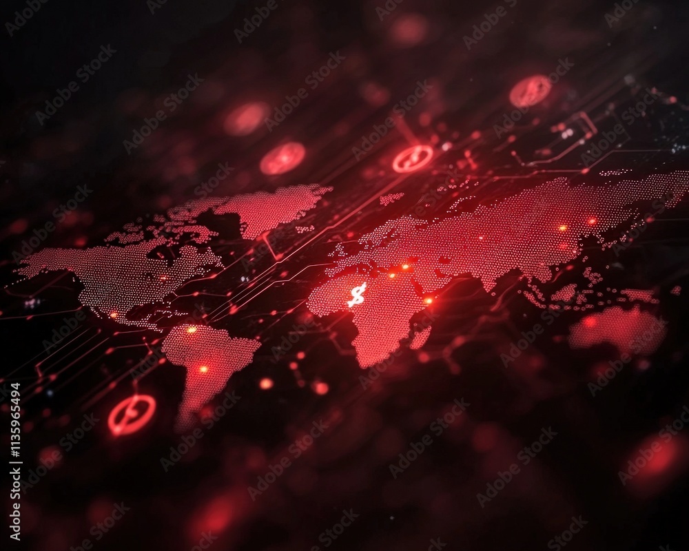 Poster a digital world map illuminated in red, featuring network connections and symbols, emphasizing a tec