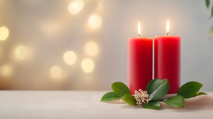 Illuminated Red Candles on a Table Cozy Home Decor Still Life Warm Ambiance Close-up Relaxation Concept