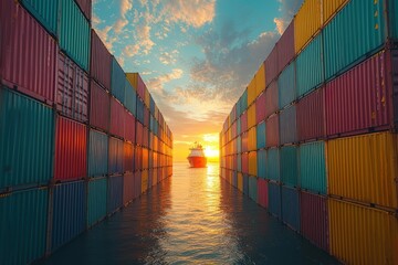 Fototapeta premium Vibrant harbor scene with colorful shipping containers at sunset ocean environment scenic viewpoint maritime concept