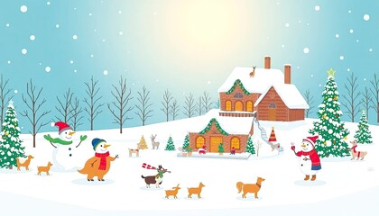 Snowy Christmas Scene with Animals Ice Skating and Building Snowmen Vector Illustration. Free Christmas Background. Chrismas Wallpaper. Cool Wallpaper 4k