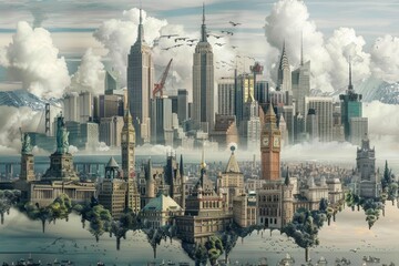 A digital landscape merging iconic landmarks from New York and London, floating amidst fluffy clouds, A digital landscape merging iconic landmarks from different continents