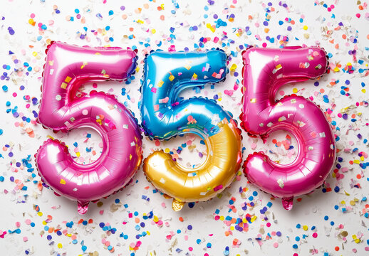 Colorful balloon shaped number 555 with confetti creates festive atmosphere