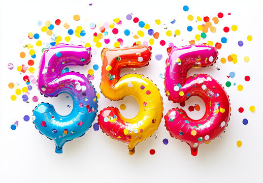Colorful balloon shaped number 555 with confetti creates festive atmosphere