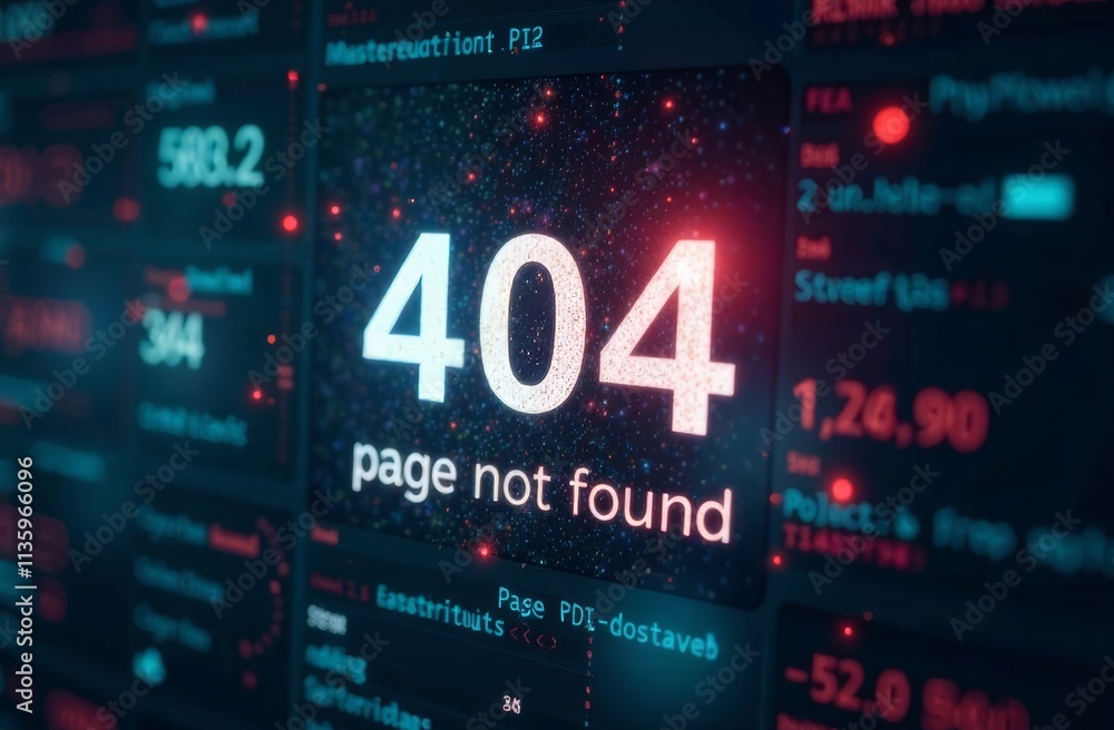 Fototapete a 404 error displays prominently on a digital screen filled with various statistics and data points.