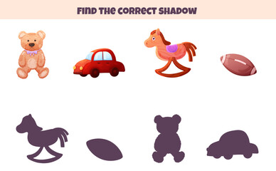 Puzzle game for baby find correct shadow with cute teddy bear and toy car