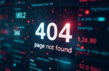 A 404 error displays prominently on a digital screen filled with various statistics and data points. The background is dark, creating a striking contrast with the bright error message.