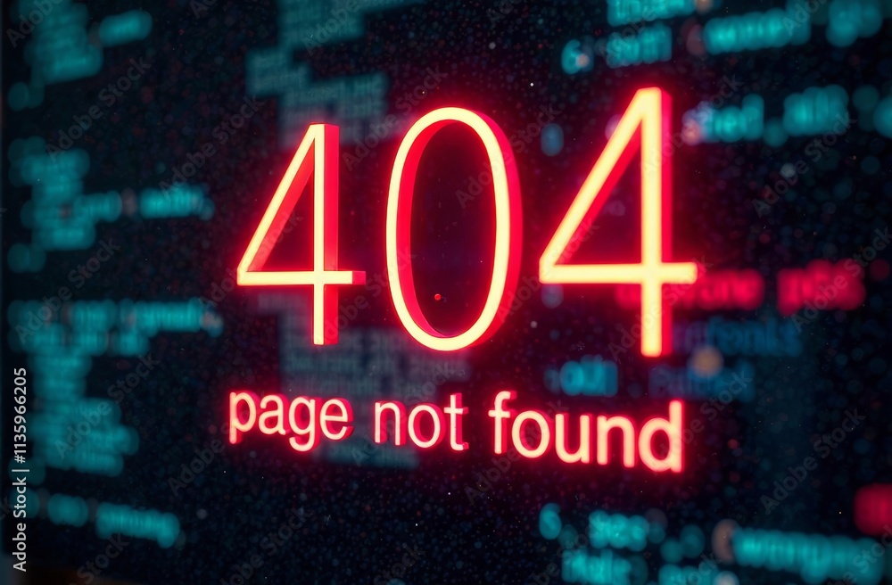 Poster a bright red error message shows 404 page not found against a dark, coded background, indicating a m