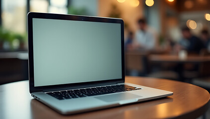 A laptop sits on a café table with a blurred background, its blank screen reflecting the surrounding atmosphere._00029_