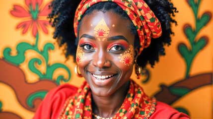 Vibrant young woman with elaborate face paint poses against colorful backdrop in cultural celebration