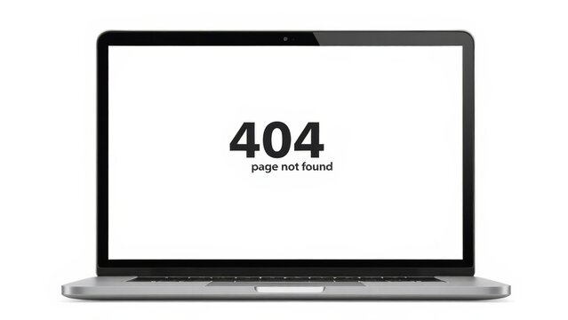 A laptop screen shows a simple 404 error message on a white background, highlighting that the requested webpage could not be accessed. The digital display is clear and straightforward.