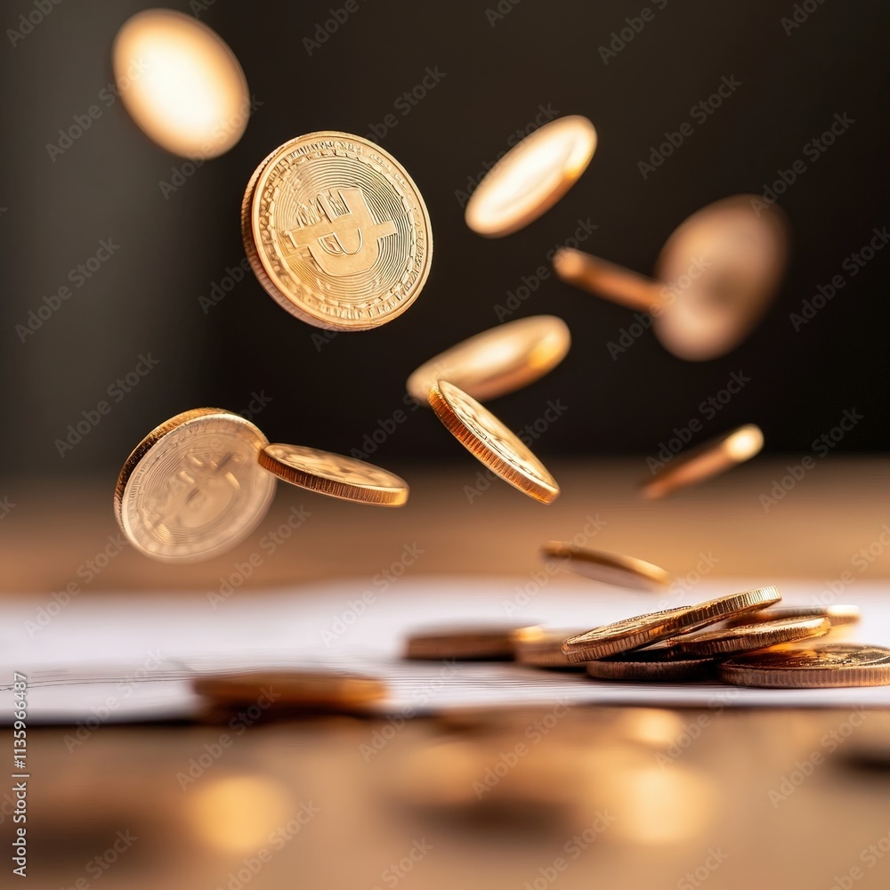 Poster a collection of coins is scattered and floating above a surface, capturing a sense of motion and val