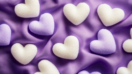 Obraz premium Soft Purple and White Hearts on Silk Fabric Background
