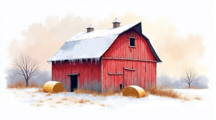 Obraz premium Wintery farm setting showcasing a red barn surrounded by snow and hay bales on a tranquil afternoon