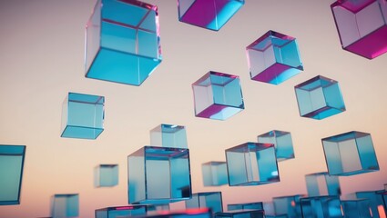 Colorful geometric glass cubes floating gracefully against a vibrant gradient background, modern abstract design