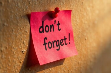 A vibrant pink sticky note is pinned to a textured surface, conveying a reminder to not forget. The note stands out, featuring bold black lettering against a soft background.
